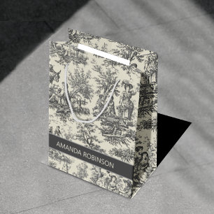 Sacola Para Presentes Média elegante, preto e branco, toile de jouy