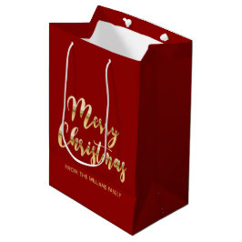 Sacola Para Presentes Média Elegante Script de Feliz Natal vermelho metálico