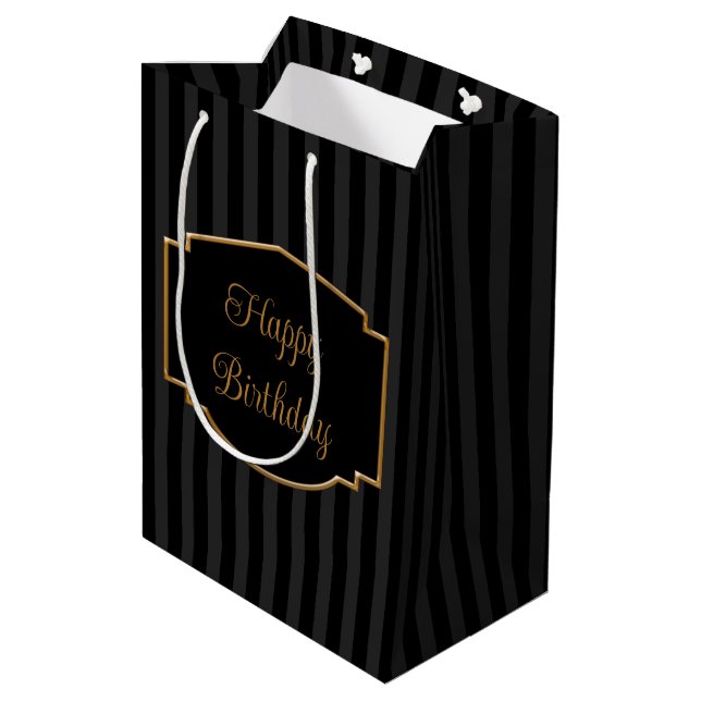 Sacola Para Presentes Média Elegante, Sofisticado Preto e Dourado (Verso inclinado)