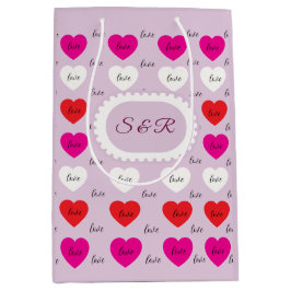 Sacola Para Presentes Média Elegante Tipografia de Amor e Padrão de Corações