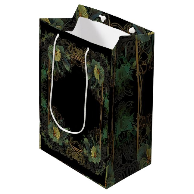 Sacola Para Presentes Média Elegante vitoriano moody verde-escuro de ouro botâ (Frente inclinada)