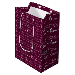 Sacola Para Presentes Média Elegantes Corações "Amor" Marrom e Prata