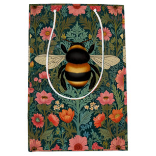 Sacola Para Presentes Média Elegantes flores boho retro de abelha primavera