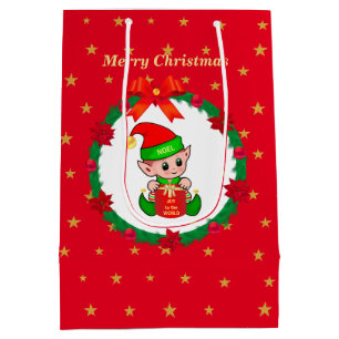Sacola Para Presentes Média elfo de Natal, grinalda de pinheiro, poinsettias e