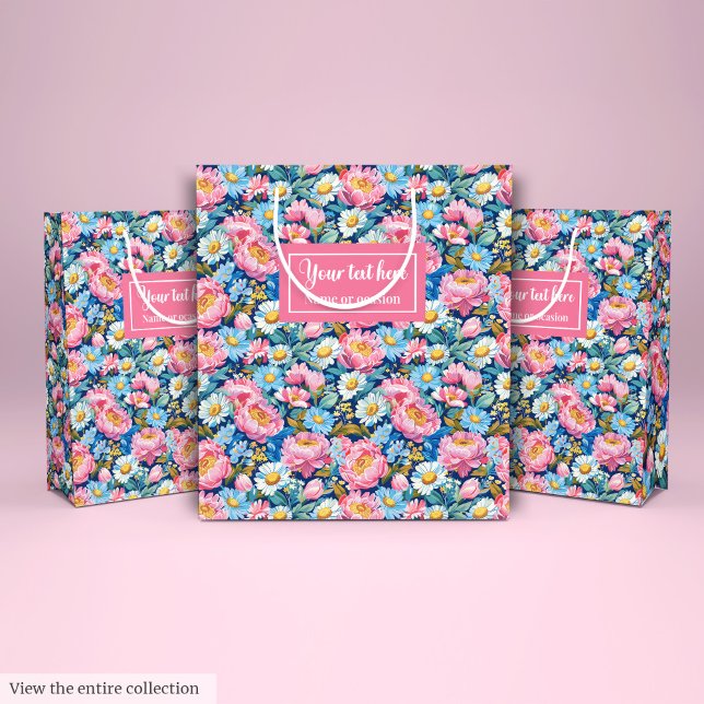 Sacola Para Presentes Média Embalagem de presente floral, rosa quente e azul p (Personalized hot pink and blue floral gift wrap Medium Gift Bag)