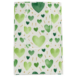 Sacola Para Presentes Média Emerald Green Watercolor & Gold Glitter Hearts