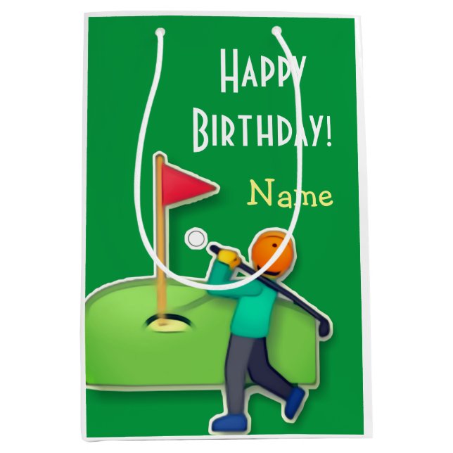 Sacola Para Presentes Média Emoji Golf Feliz Aniversário Verde (Frente)