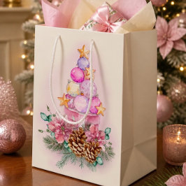 Sacola Para Presentes Média Enfeite de Natal Rosa Árvore e Caixa de Presente