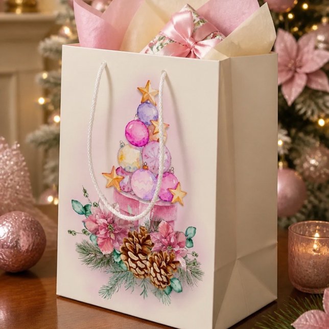 Sacola Para Presentes Média Enfeite de Natal Rosa Árvore e Caixa de Presente (Criador carregado)