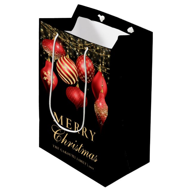 Sacola Para Presentes Média Enfeite Vermelho & Ouro Alegre Natal (Frente inclinada)