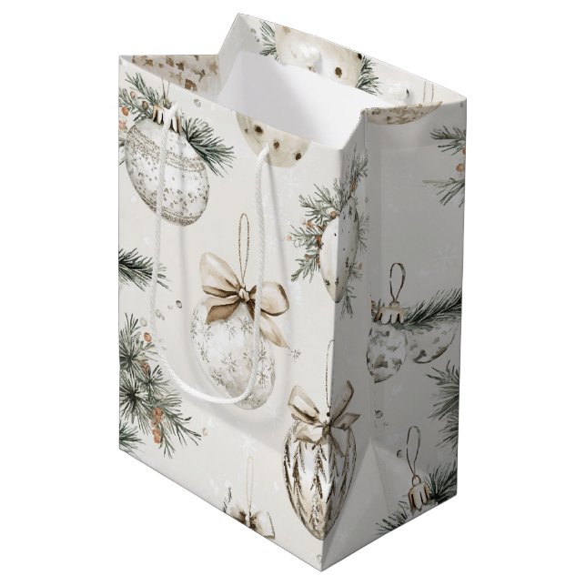 Sacola Para Presentes Média Enfeites de Natal Creme Chic (Frente inclinada)