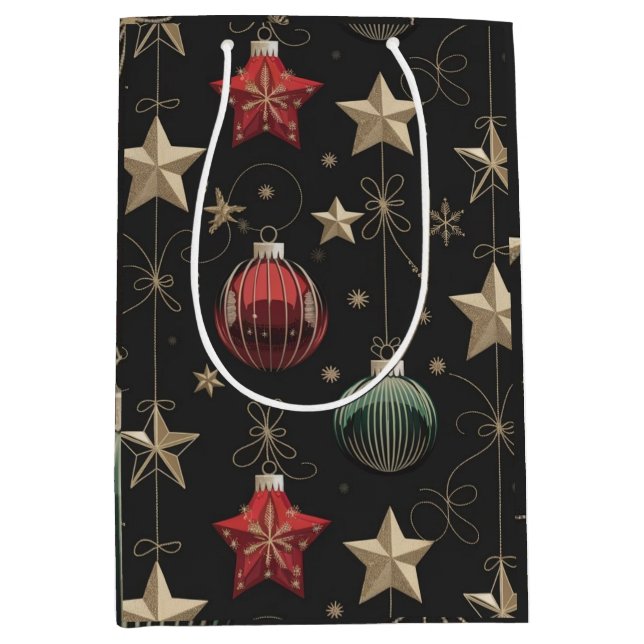 Sacola Para Presentes Média Enfeites de natal e Ouro de luxo (Frente)