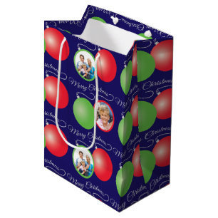Sacola Para Presentes Média enfeites de natal em quadros de fotos azuis e 6