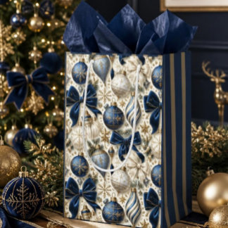 Sacola Para Presentes Média Enfeites de Natal Luxuosos Azul Marinho, Marfim e 