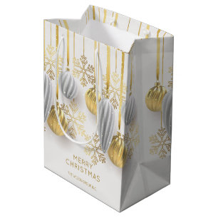 Sacola Para Presentes Média Enfeites de Natal Retro Dourados e Prateados