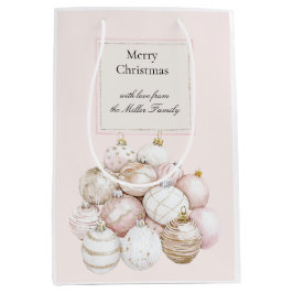 Sacola Para Presentes Média Enfeites de Natal Rosa Bege Branco Champanhe