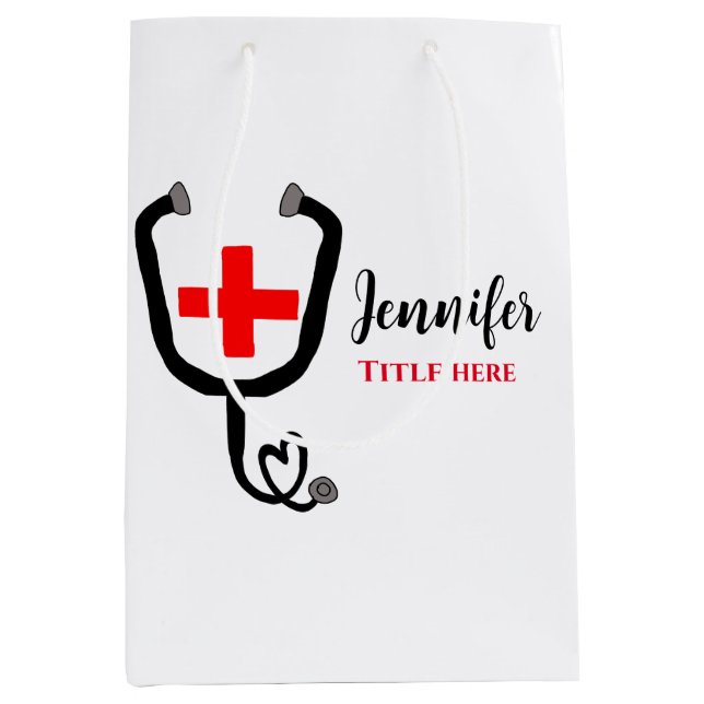 Sacola Para Presentes Média Enfermeiro médico vermelho mais estetoscópio adici (Frente)