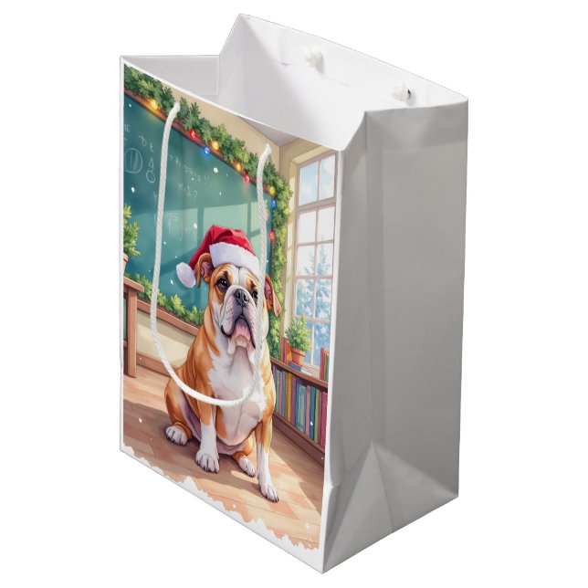 Sacola Para Presentes Média English Bulldog Teacher Classroom Santa Hat (Frente inclinada)