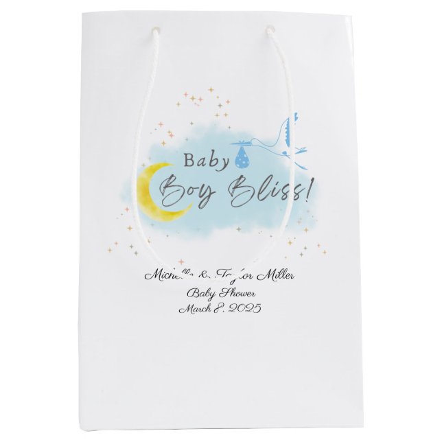 Sacola Para Presentes Média Entrega Especial de Stork Dourada Starlit Baby Boy (Frente)