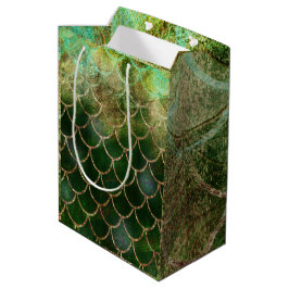 Sacola Para Presentes Média Escamas de Peixe Sereia Brilho Verde e Dourado