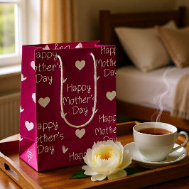 Sacola Para Presentes Média Escrito rosa-escuro do Dia de as mães feliz