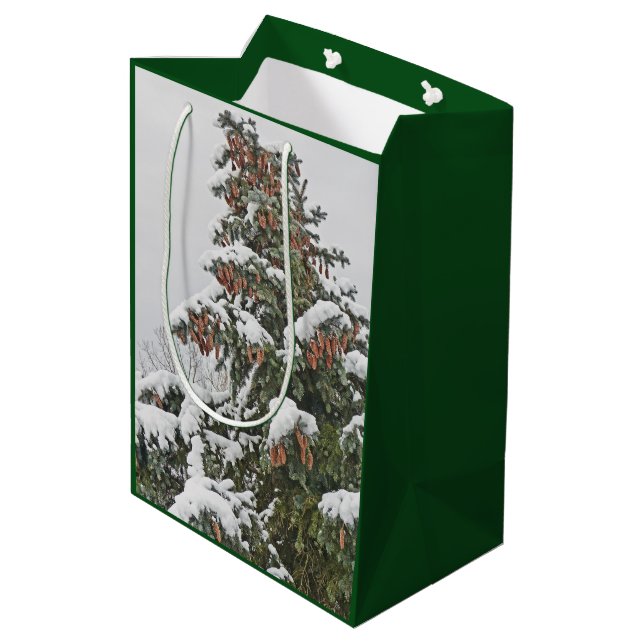 SACOLA PARA PRESENTES MÉDIA ESPÍRITO AZUL COM NEVE E PINOS (Verso inclinado)