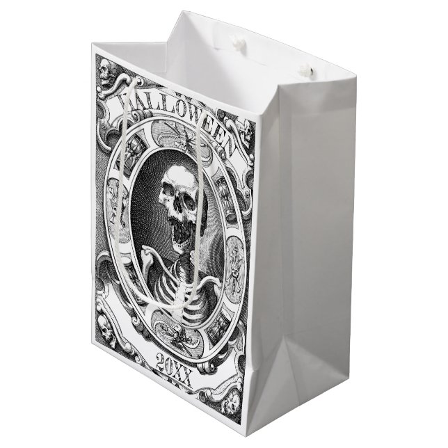 Sacola Para Presentes Média Esqueleto Gótico Desenho Linha Ano Personalizado (Frente inclinada)