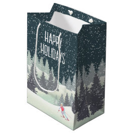 Sacola Para Presentes Média Esquiador de Natal em Pinus de inverno