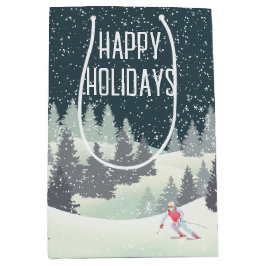Sacola Para Presentes Média Esquiador de Natal em Pinus de inverno
