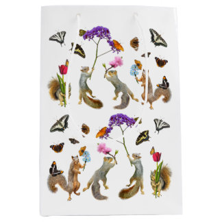 Sacola Para Presentes Média Esquilos, flores e borboletas