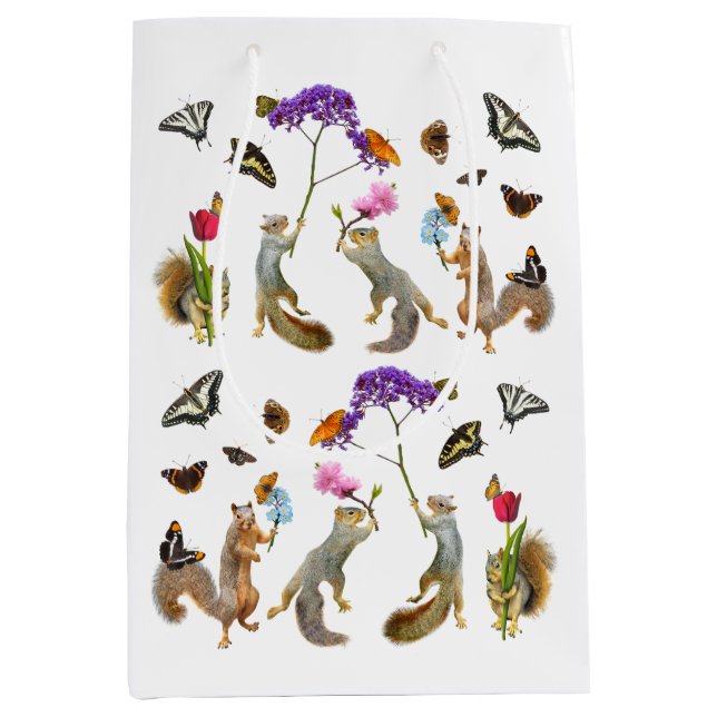 Sacola Para Presentes Média Esquilos, flores e borboletas (Frente)