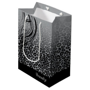 Sacola Para Presentes Média Estampa Animal Leopardo Cinza com Silhueta de Meni