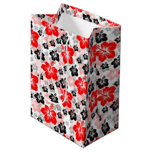 Sacola Para Presentes Média Estampa Floral de Hibisco Tropical Preto Vermelho