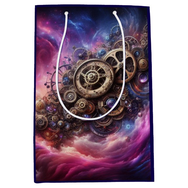 Sacola Para Presentes Média Estampunk Industrial Clocwork Purple e Pink (Frente)