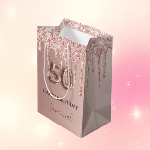 Sacola Para Presentes Média Estilo de balão cor-de-rosa com brilho dourado ros