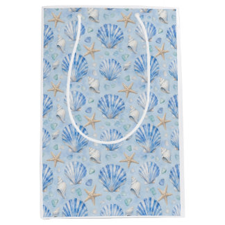 Sacola Para Presentes Média Estrela-do-Mar Concha Azul Aquarela Padrão Oceano