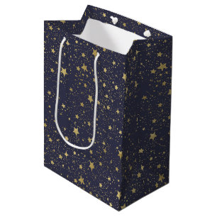 Sacola Para Presentes Média Estrelas azuis de Marinho Dourado dispersas