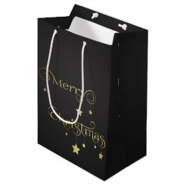 Sacola Para Presentes Média Estrelas de Natal Douradas e Feliz