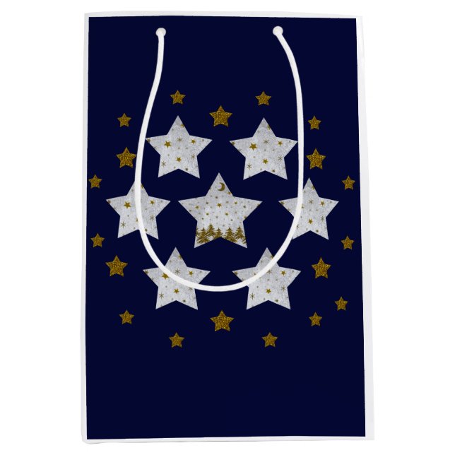 Sacola Para Presentes Média Estrelas de Natal em azul (Frente)
