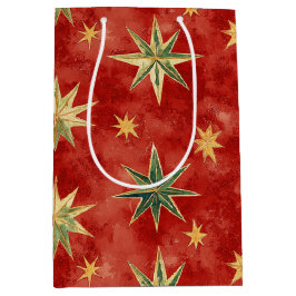 Sacola Para Presentes Média Estrelas de Natal Vermelho Verde Dourado