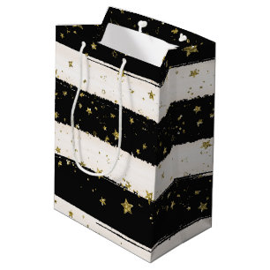 Sacola Para Presentes Média Estrelas Dourados do brilho das listras brancas