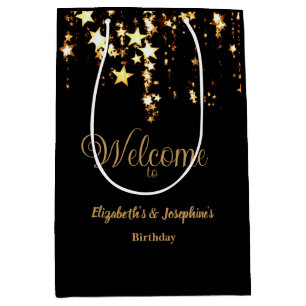 Sacola Para Presentes Média Estrelas pretas elegantes e douradas, aniversário