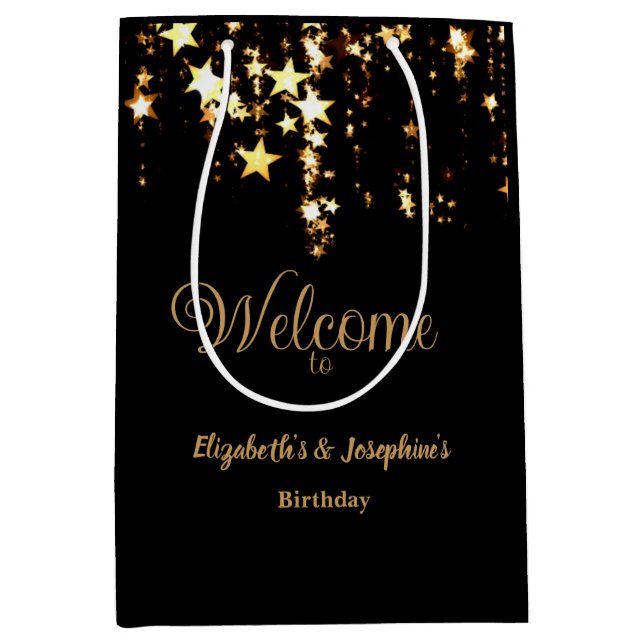 Sacola Para Presentes Média Estrelas pretas elegantes e douradas, aniversário  (Frente)