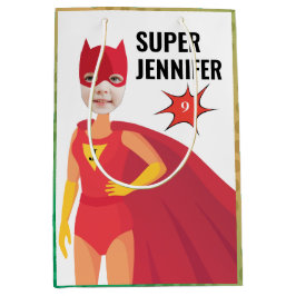 Sacola Para Presentes Média Excelente Super-Herói Rapariga Aniversário Dotada 