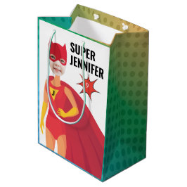 Sacola Para Presentes Média Excelente Super-Herói Rapariga Aniversário Dotada