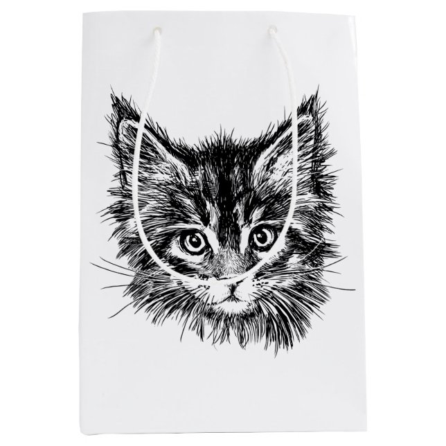 Sacola Para Presentes Média Face de Kitten Preta e Branca (Frente)