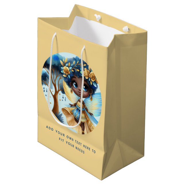 Sacola Para Presentes Média Fada Africana Aniversário Teal Dourada Pink Prince (Frente inclinada)