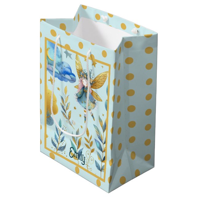 Sacola Para Presentes Média Fada Aniversário Teal Dourada Princesa Rosa Fairyt (Frente inclinada)