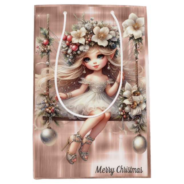 Sacola Para Presentes Média Fada de Natal no Background Dourado do Sparkle Ros (Frente)