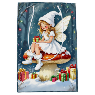 Sacola Para Presentes Média Fada de Natal no topo de uma Casa de Cogumelo Cott